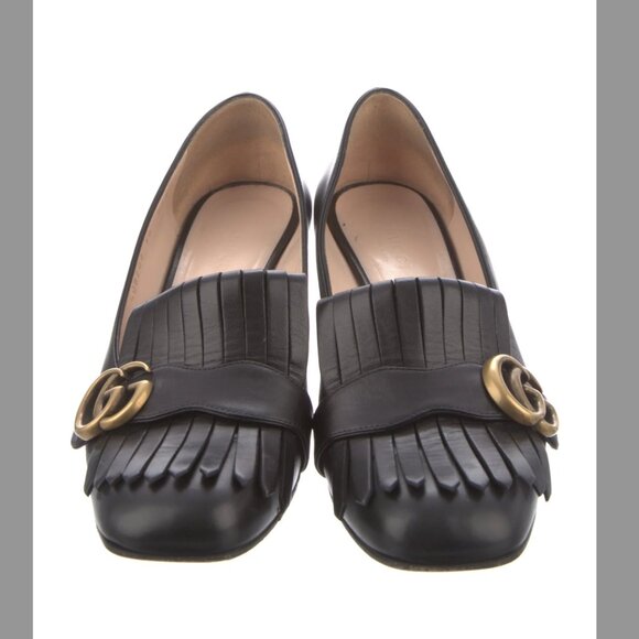 GUCCI Double G Logo Black Leather Square Toe Pumps Size 38 - Picture 4 of 7